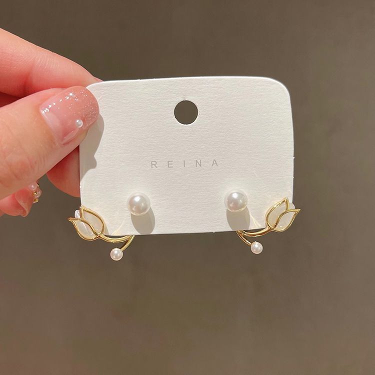 1 pair  S925 Silver Needle Tulip Earrings Female Design Sense French Flower High Grade Cat's Eye Stone Pearl Earrings Earrings A-1838