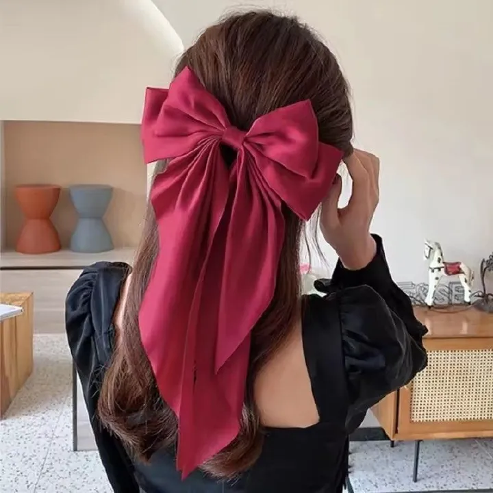 Elegant Bow Ribbon Hair Clip Fashion Simple Solid Satin Spring Clip Hair Pin Retro Headband with Clips Girls Hair Accessories C-320