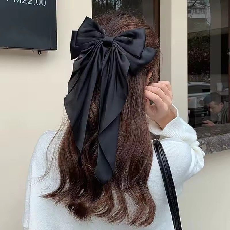 Elegant Bow Ribbon Hair Clip Fashion Simple Solid Satin Spring Clip Hair Pin Retro Headband with Clips Girls Hair Accessories C-320