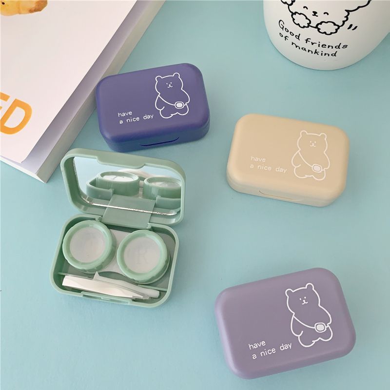 Cute Portable Small Backpack Bear Eye Contacts with Mirror Contact Lens Case Colored Lenses Container Box for Party Travel Set C-305