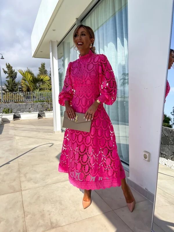 Lady Elegant New Lace Dress Stand Collar Lantern Long Sleeve Slim Vestidos Waist Temperament Fashion Office Commute Leisure Home