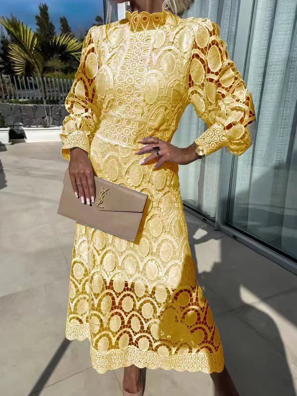 Lady Elegant New Lace Dress Stand Collar Lantern Long Sleeve Slim Vestidos Waist Temperament Fashion Office Commute Leisure Home