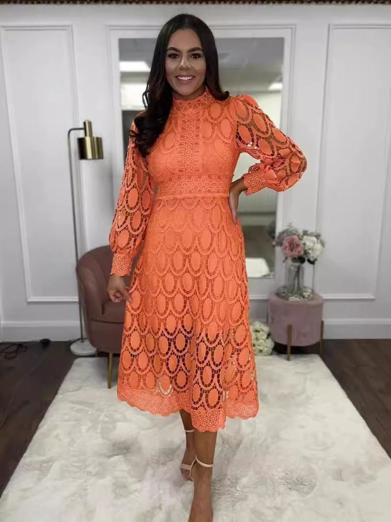 Lady Elegant New Lace Dress Stand Collar Lantern Long Sleeve Slim Vestidos Waist Temperament Fashion Office Commute Leisure Home