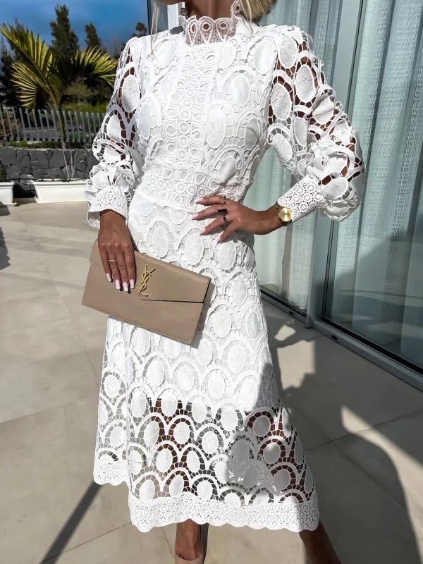 Lady Elegant New Lace Dress Stand Collar Lantern Long Sleeve Slim Vestidos Waist Temperament Fashion Office Commute Leisure Home