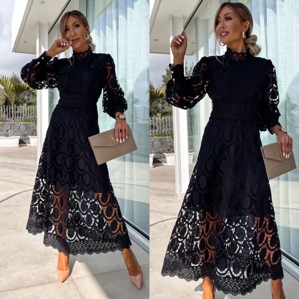 Lady Elegant New Lace Dress Stand Collar Lantern Long Sleeve Slim Vestidos Waist Temperament Fashion Office Commute Leisure Home
