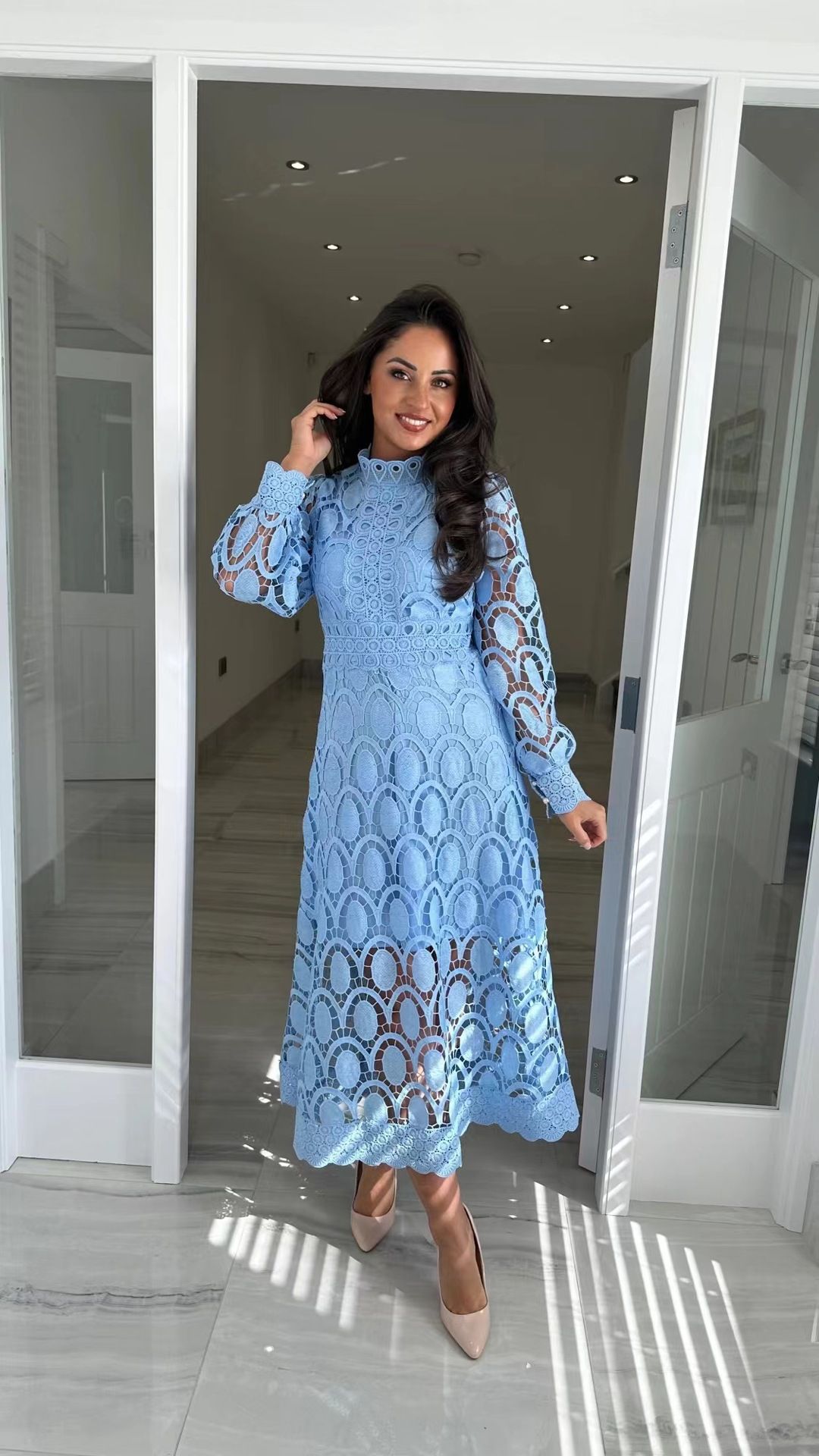 Lady Elegant New Lace Dress Stand Collar Lantern Long Sleeve Slim Vestidos Waist Temperament Fashion Office Commute Leisure Home