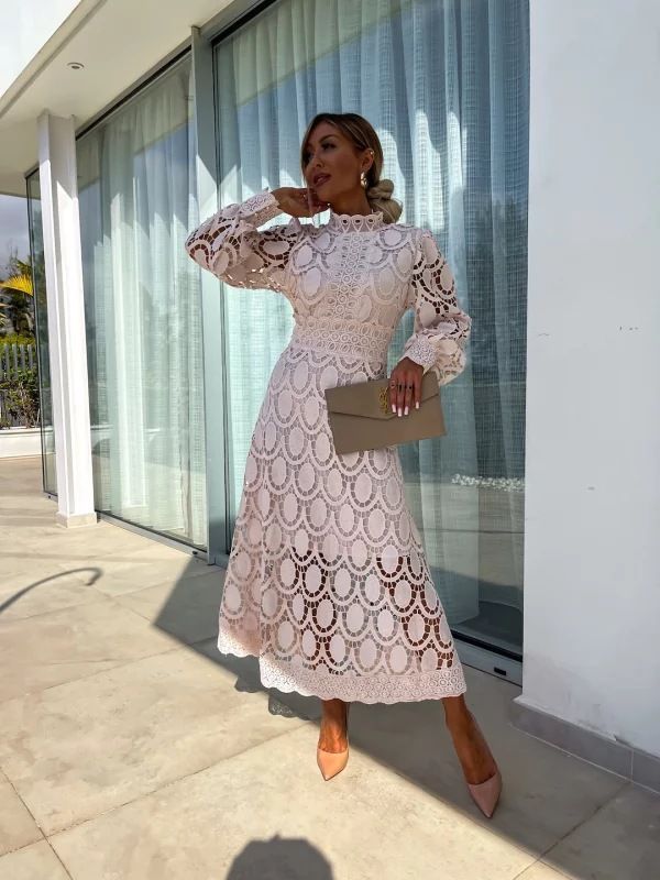 Lady Elegant New Lace Dress Stand Collar Lantern Long Sleeve Slim Vestidos Waist Temperament Fashion Office Commute Leisure Home