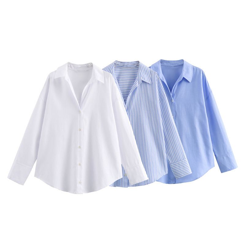TRAF Women Fashion Spring Cotton Oxford Long Sleeve Single-breasted Lapel Blouse Street Clothing Shirt Chic Ladies Tops Mujer