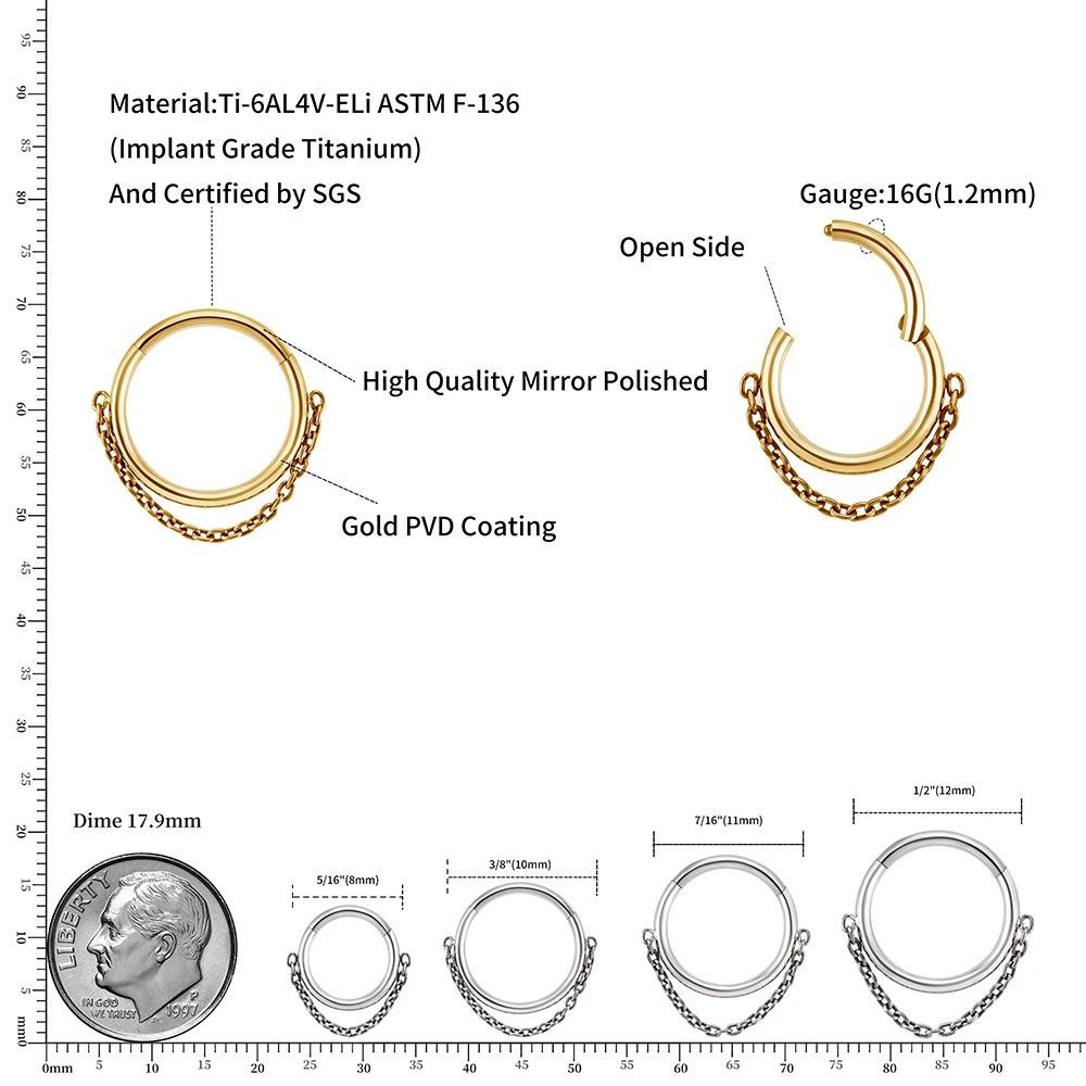 F136 Titanium Hinge Segment Nose piercing Welding Chain CZ Septum Ring Women Cartilage Earrings Tragus Jewelry 16g Accessories