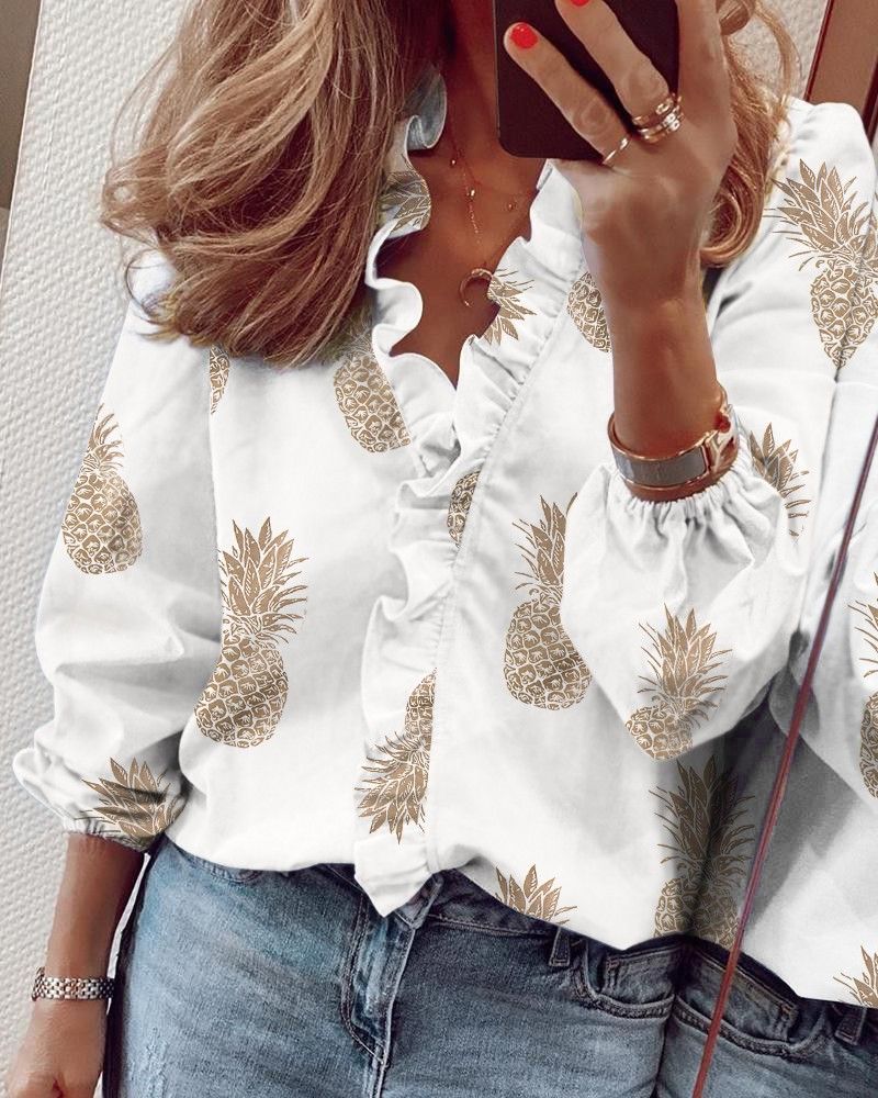 2024 Vintage Ruffles Women Blouses Autumn Long Sleeve Office Lady Elegant Tops Cotton Casual Tops V-neck Shirt Clothing