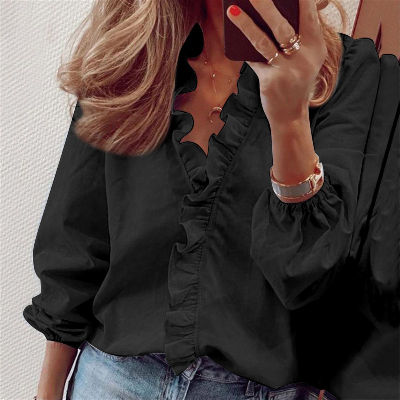 2024 Vintage Ruffles Women Blouses Autumn Long Sleeve Office Lady Elegant Tops Cotton Casual Tops V-neck Shirt Clothing