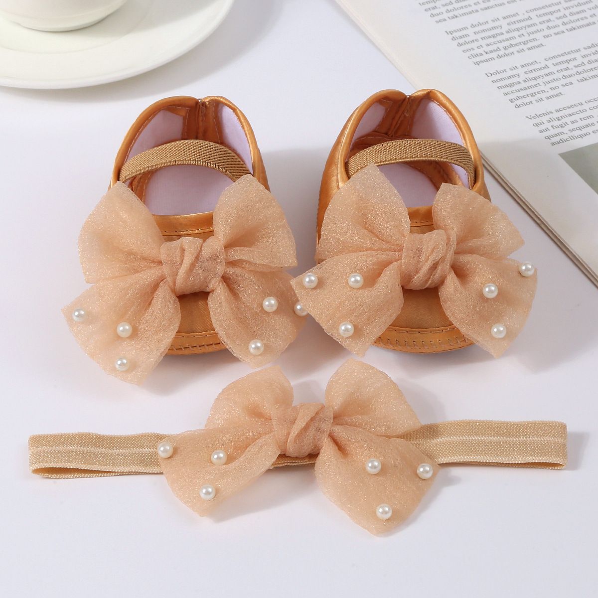 0-18months Baby Girls Shoes And Headband Soft Sole Non-Slip Pearl Flower Princess Wedding Dress Crib Shoes For Newborn Girls