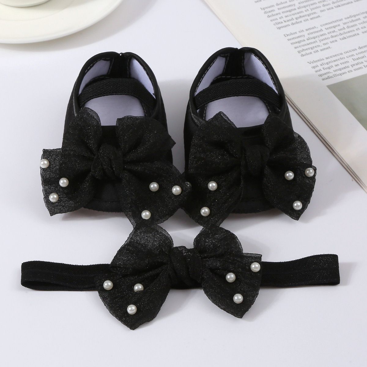 0-18months Baby Girls Shoes And Headband Soft Sole Non-Slip Pearl Flower Princess Wedding Dress Crib Shoes For Newborn Girls