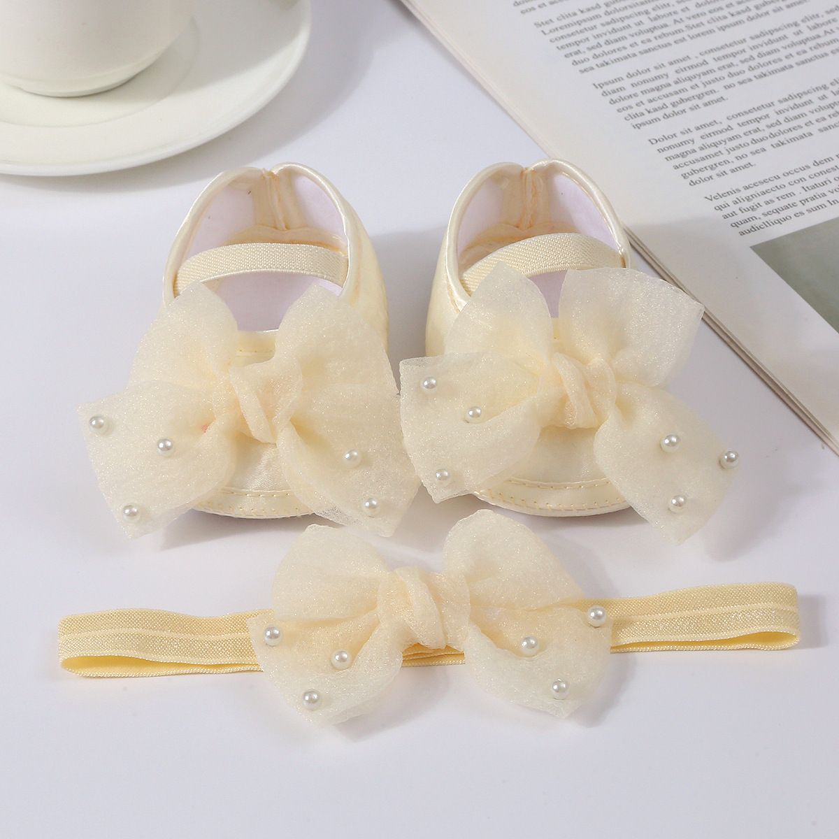 0-18months Baby Girls Shoes And Headband Soft Sole Non-Slip Pearl Flower Princess Wedding Dress Crib Shoes For Newborn Girls