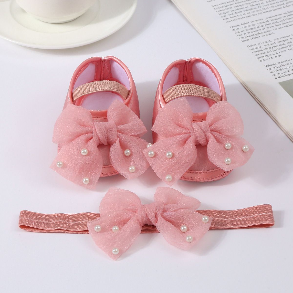 0-18months Baby Girls Shoes And Headband Soft Sole Non-Slip Pearl Flower Princess Wedding Dress Crib Shoes For Newborn Girls