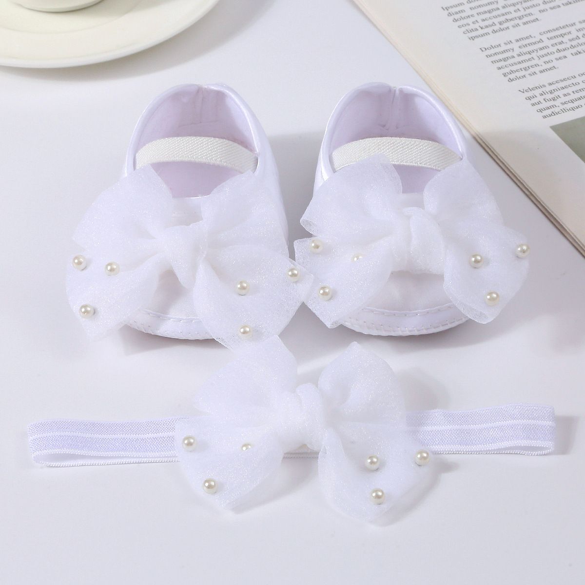 0-18months Baby Girls Shoes And Headband Soft Sole Non-Slip Pearl Flower Princess Wedding Dress Crib Shoes For Newborn Girls