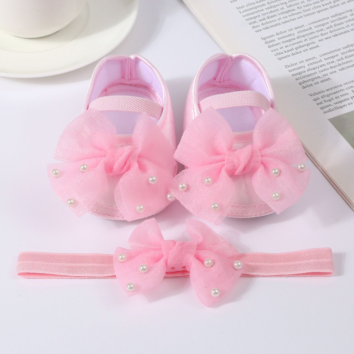 0-18months Baby Girls Shoes And Headband Soft Sole Non-Slip Pearl Flower Princess Wedding Dress Crib Shoes For Newborn Girls