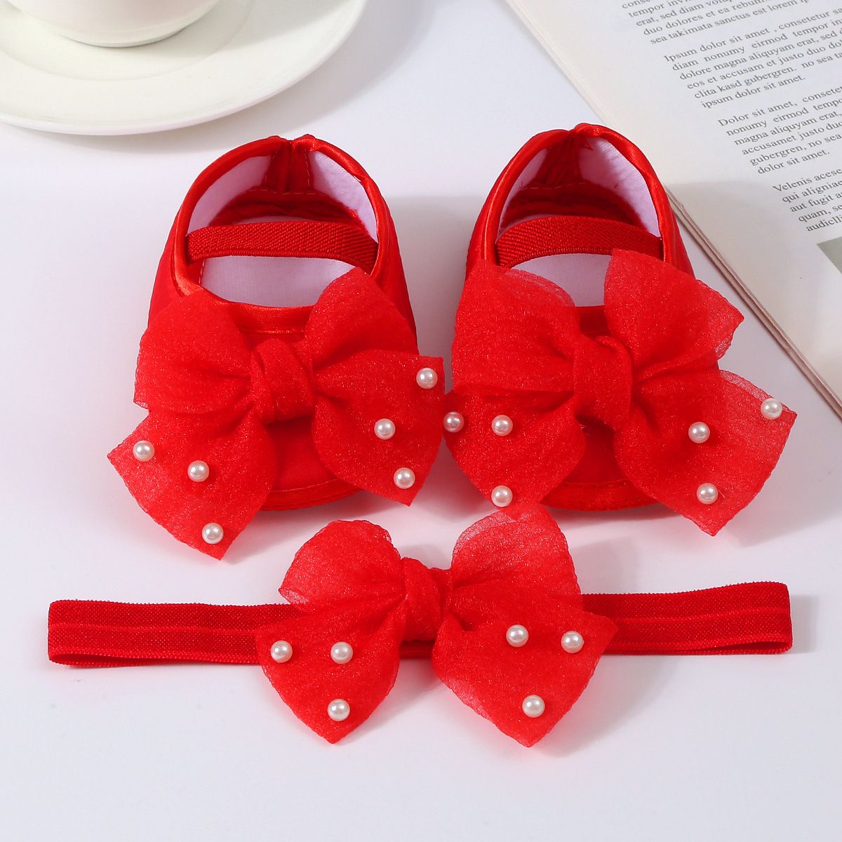 0-18months Baby Girls Shoes And Headband Soft Sole Non-Slip Pearl Flower Princess Wedding Dress Crib Shoes For Newborn Girls