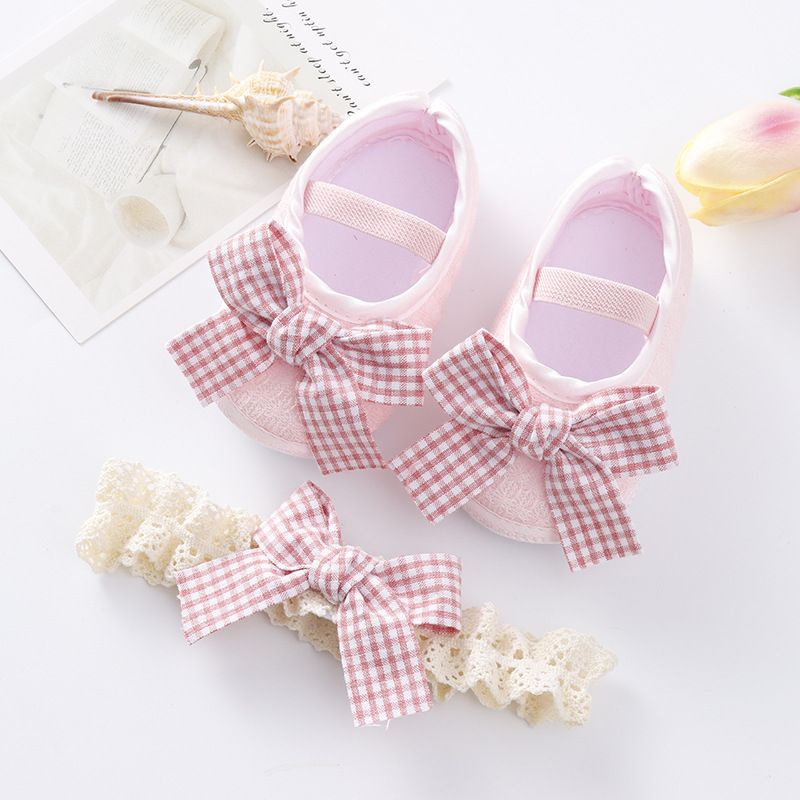 Newborn Baby Shoes Baptism White Bowknot Baby Girl Lace Shoes Headband Set Toddler Prewalker Cute Baby Soft Shoes for