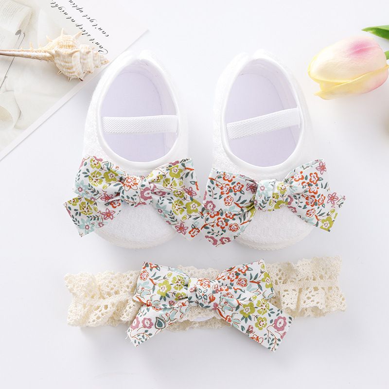 Newborn Baby Shoes Baptism White Bowknot Baby Girl Lace Shoes Headband Set Toddler Prewalker Cute Baby Soft Shoes for