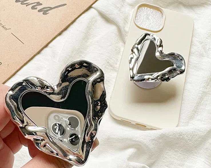 INS Korea Silver Heart Grip Tok Mirror Luxurious Finger Holder Griptok Mobile Stand  Cellphone Support Smart phone Accessories