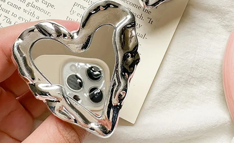 INS Korea Silver Heart Grip Tok Mirror Luxurious Finger Holder Griptok Mobile Stand  Cellphone Support Smart phone Accessories