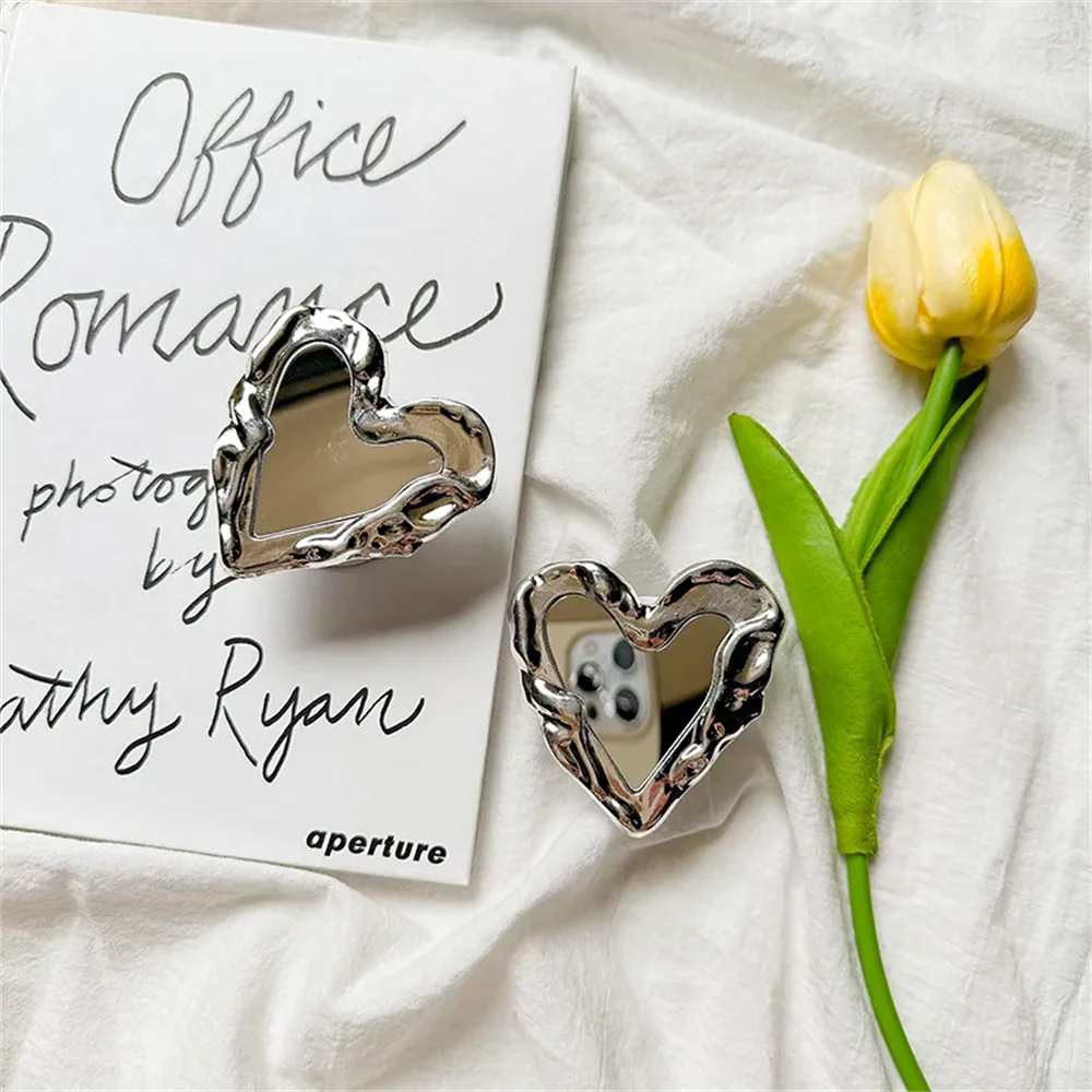 INS Korea Silver Heart Grip Tok Mirror Luxurious Finger Holder Griptok Mobile Stand  Cellphone Support Smart phone Accessories