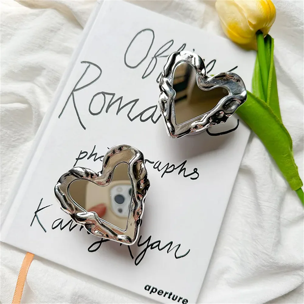 INS Korea Silver Heart Grip Tok Mirror Luxurious Finger Holder Griptok Mobile Stand  Cellphone Support Smart phone Accessories