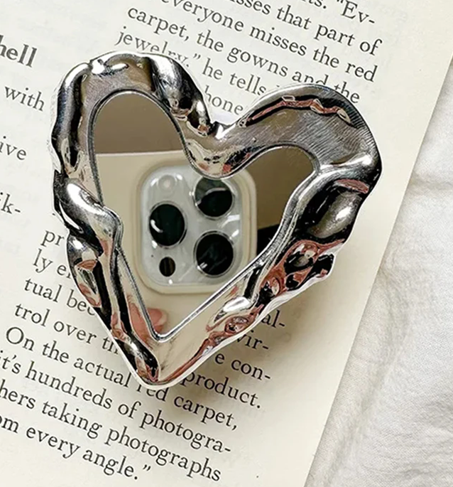 INS Korea Silver Heart Grip Tok Mirror Luxurious Finger Holder Griptok Mobile Stand  Cellphone Support Smart phone Accessories
