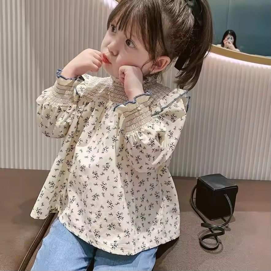 1pc Girls' Long Sleeve Top 2025 Autumn New Korean Edition Baby Girl Lace Collar Fragmented Western Style Doll Shirt