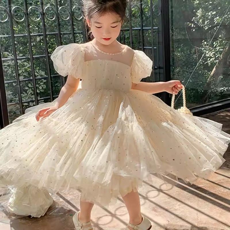 1pcSummer Kids Girls' Dress  Baby Temperament Princess Dress Cute Sweet Children's Dress Westernized Dreamy Yarn Dress