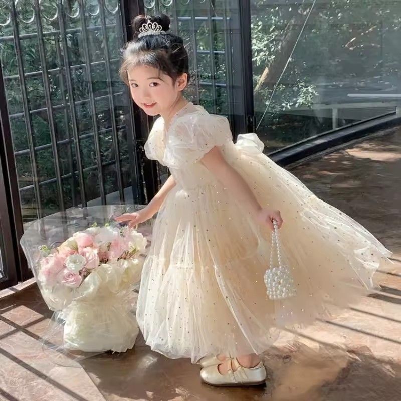 1pcSummer Kids Girls' Dress  Baby Temperament Princess Dress Cute Sweet Children's Dress Westernized Dreamy Yarn Dress