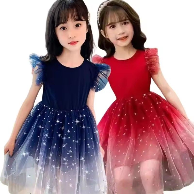 1pc Summer Sleeveless Fashion Chiffon Dress for Girls Starry Sky Gradient Princess Dress