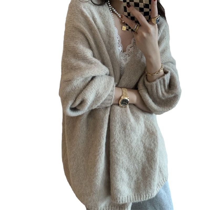 1pcknitted cardigan with latex sleeves, loose fitting sweater jacket, solid color casual cardigan for autumn, winter, and spring