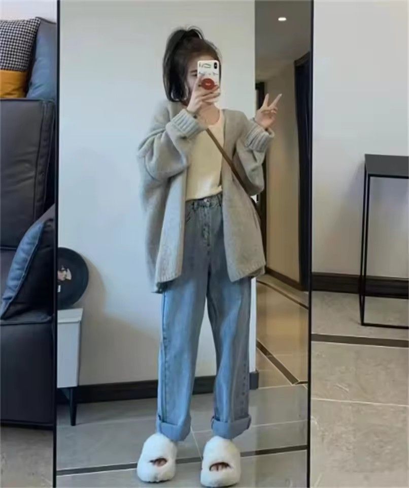 1pcknitted cardigan with latex sleeves, loose fitting sweater jacket, solid color casual cardigan for autumn, winter, and spring