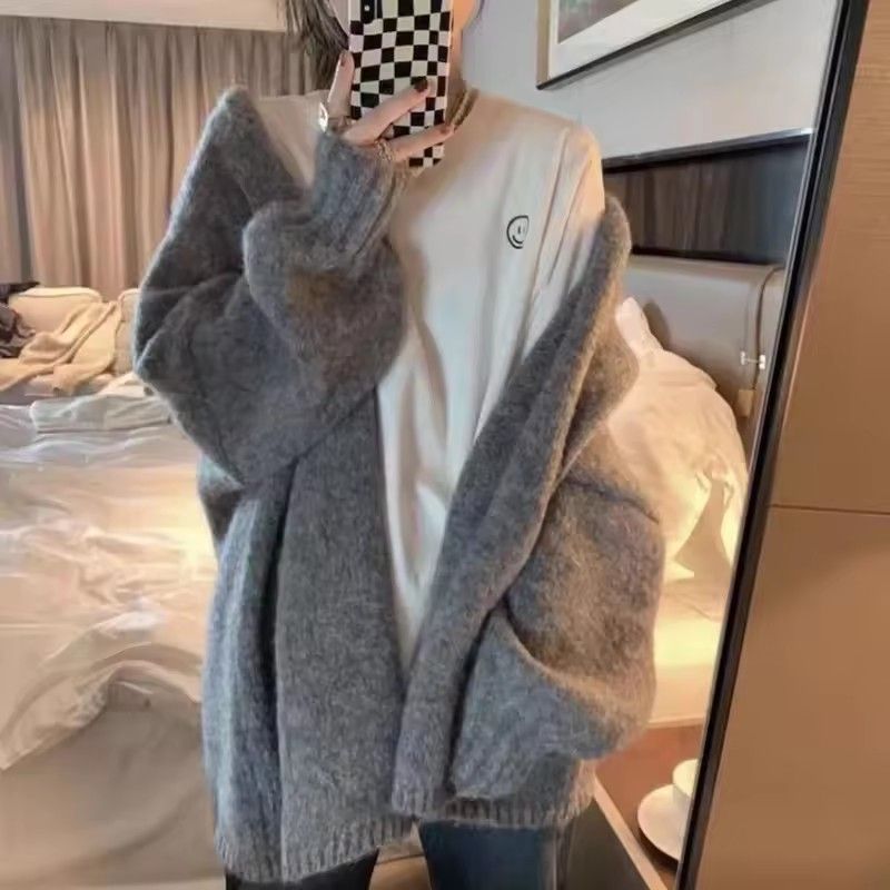 1pcknitted cardigan with latex sleeves, loose fitting sweater jacket, solid color casual cardigan for autumn, winter, and spring