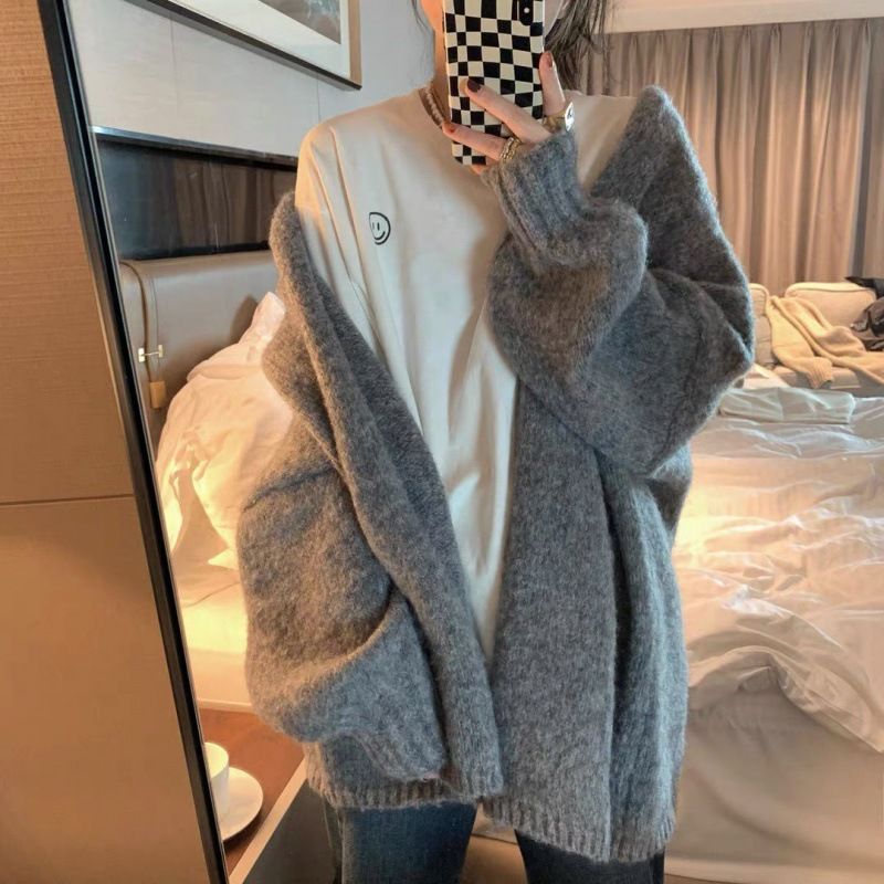 1pcknitted cardigan with latex sleeves, loose fitting sweater jacket, solid color casual cardigan for autumn, winter, and spring