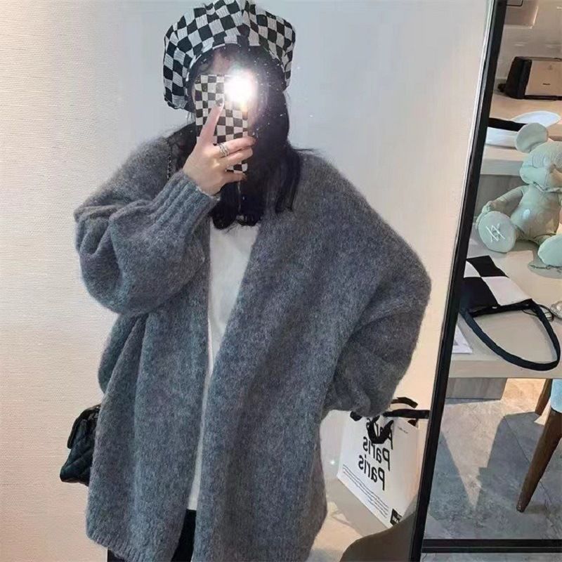 1pcknitted cardigan with latex sleeves, loose fitting sweater jacket, solid color casual cardigan for autumn, winter, and spring