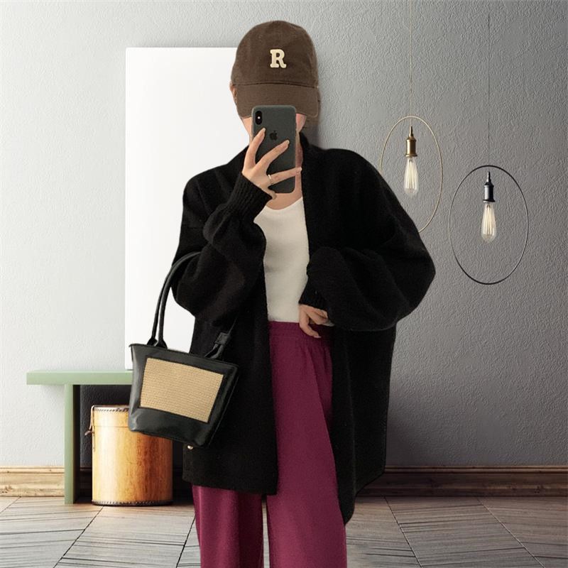 1pcknitted cardigan with latex sleeves, loose fitting sweater jacket, solid color casual cardigan for autumn, winter, and spring