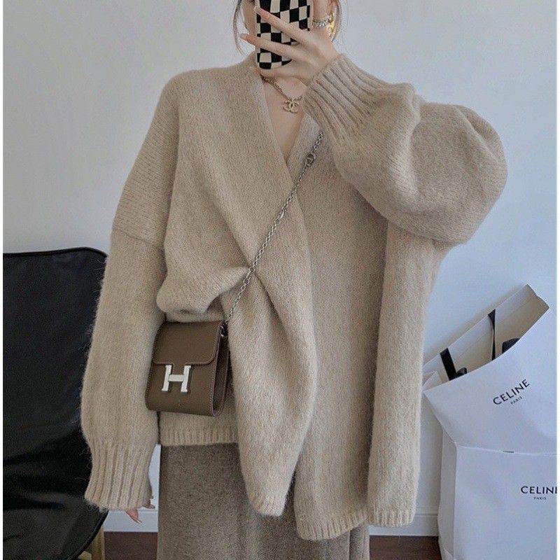 1pcknitted cardigan with latex sleeves, loose fitting sweater jacket, solid color casual cardigan for autumn, winter, and spring
