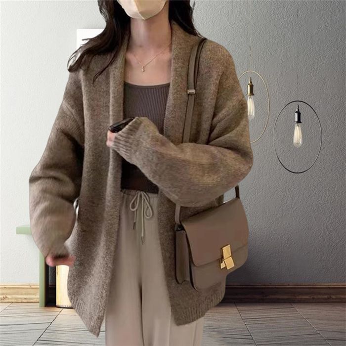 1pcknitted cardigan with latex sleeves, loose fitting sweater jacket, solid color casual cardigan for autumn, winter, and spring
