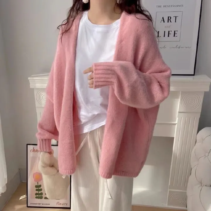 1pcknitted cardigan with latex sleeves, loose fitting sweater jacket, solid color casual cardigan for autumn, winter, and spring