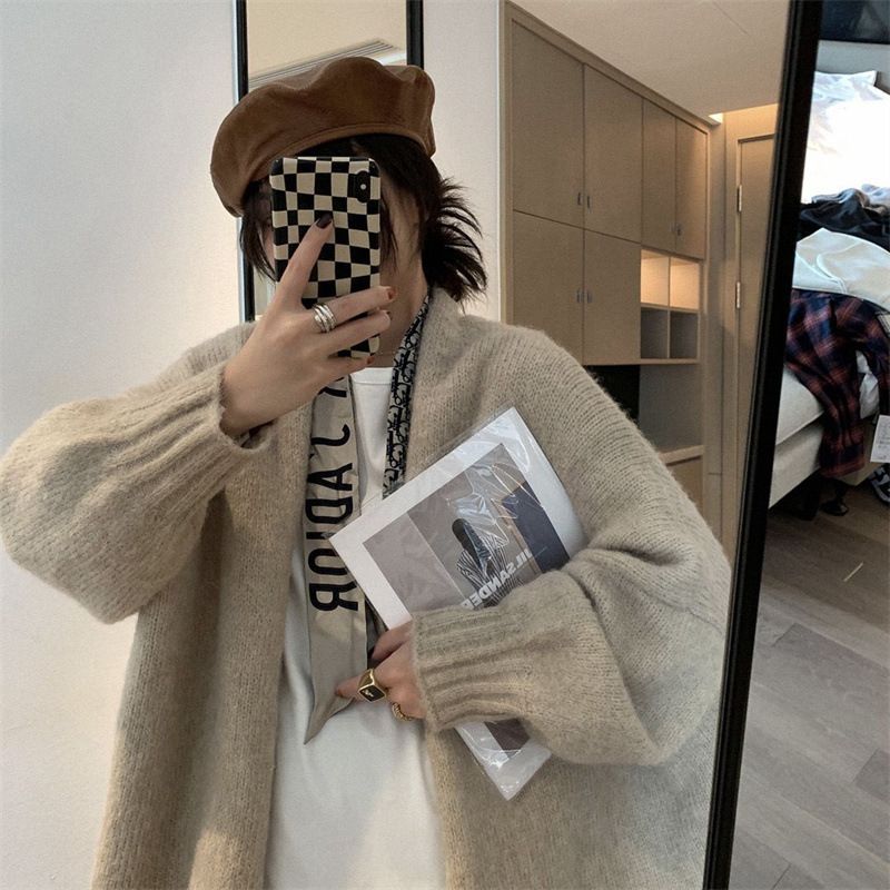 1pcknitted cardigan with latex sleeves, loose fitting sweater jacket, solid color casual cardigan for autumn, winter, and spring