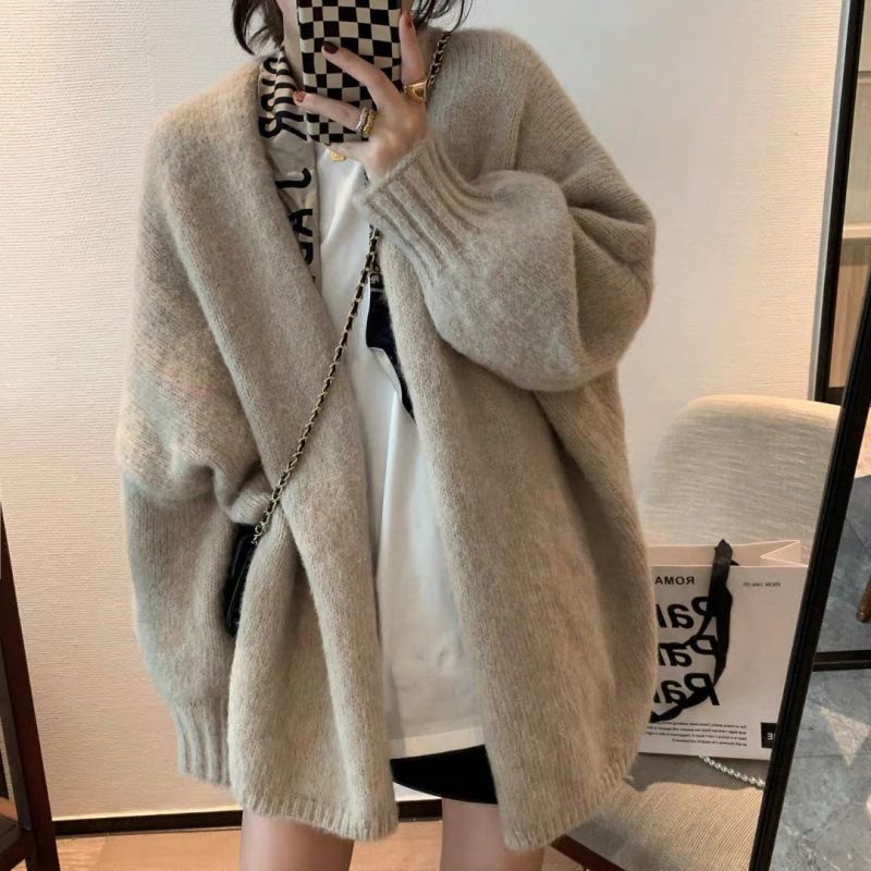 1pcknitted cardigan with latex sleeves, loose fitting sweater jacket, solid color casual cardigan for autumn, winter, and spring