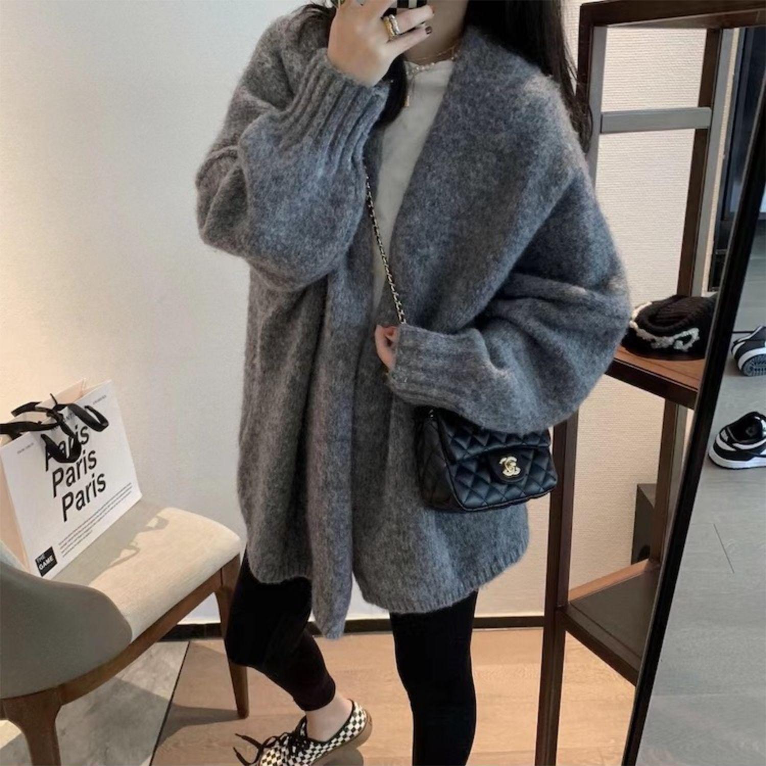 1pcknitted cardigan with latex sleeves, loose fitting sweater jacket, solid color casual cardigan for autumn, winter, and spring