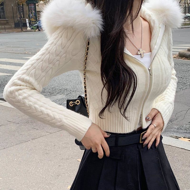 1PC Han style wool patchwork hooded woolen upper women's Fried Dough Twists texture slim zipper waist knit