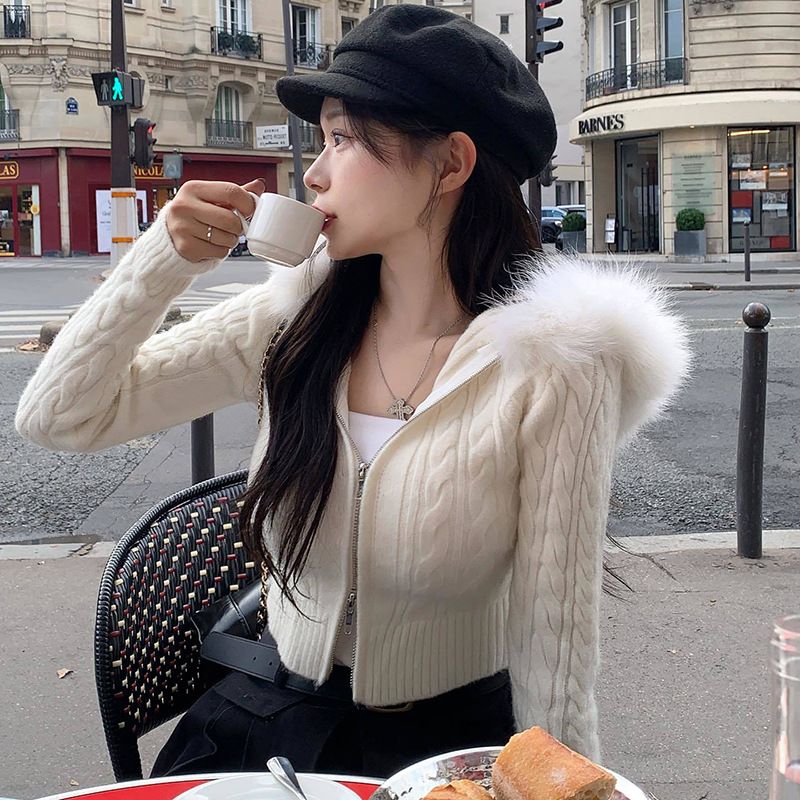 1PC Han style wool patchwork hooded woolen upper women's Fried Dough Twists texture slim zipper waist knit