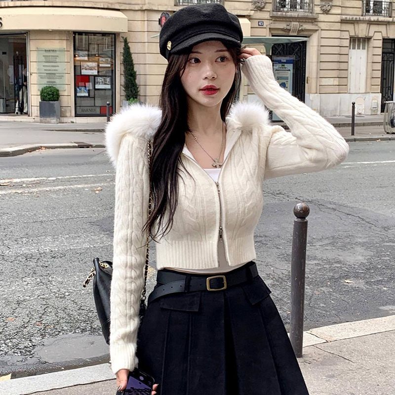 1PC Han style wool patchwork hooded woolen upper women's Fried Dough Twists texture slim zipper waist knit