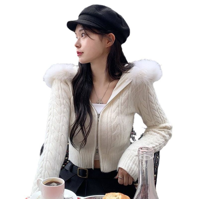 1PC Han style wool patchwork hooded woolen upper women's Fried Dough Twists texture slim zipper waist knit