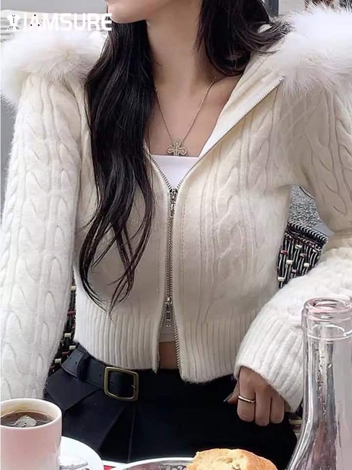 1PC Han style wool patchwork hooded woolen upper women's Fried Dough Twists texture slim zipper waist knit